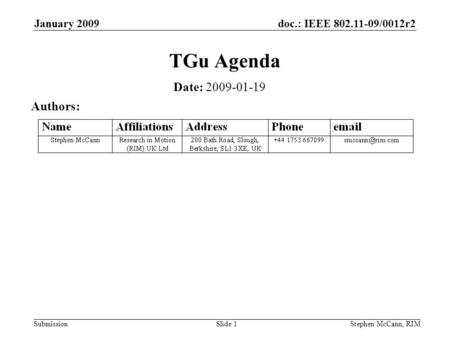 Doc.: IEEE 802.11-09/0012r2 Submission January 2009 Stephen McCann, RIMSlide 1 TGu Agenda Authors: Date: 2009-01-19.