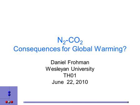 N 2 -CO 2 Consequences for Global Warming? Daniel Frohman Wesleyan University TH01 June 22, 2010.