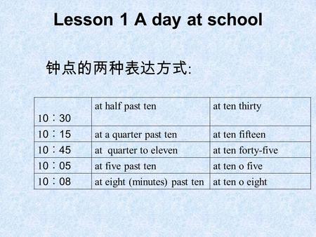 Lesson 1 A day at school 钟点的两种表达方式 : 1 0 ︰ 30 at half past tenat ten thirty 1 0 ︰ 15 at a quarter past tenat ten fifteen 1 0 ︰ 45 at quarter to elevenat.