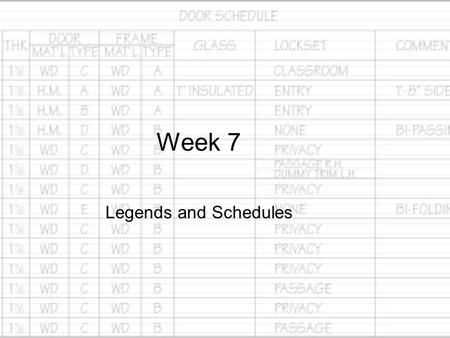 Week 7 Legends and Schedules. Objective This chapter discusses legends and schedules: what they are, the components they are used for, and how to draw.