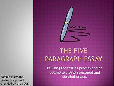 Utilizing the writing process and an outline to create structured and detailed essays. Sample essay and persuasive prompts provided by the VDOE.