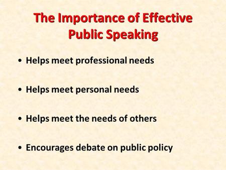 The Importance of Effective Public Speaking Helps meet professional needs Helps meet personal needs Helps meet the needs of others Encourages debate on.