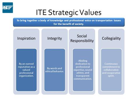 ITE Strategic Values Inspiration By an earned reputation as a valued professional organization. Integrity By words and ethical behavior. Social Responsibility.