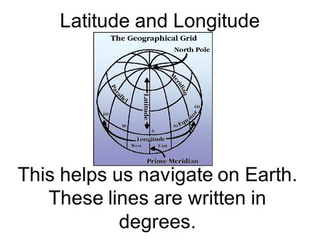 Latitude and Longitude This helps us navigate on Earth. These lines are written in degrees.