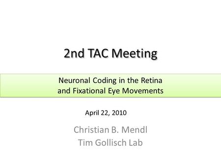 2nd TAC Meeting Christian B. Mendl Tim Gollisch Lab Neuronal Coding in the Retina and Fixational Eye Movements Neuronal Coding in the Retina and Fixational.