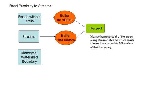 Roads without trails Streams Mameyes Watershed Boundary Intersect Buffer 50 meters Buffer 100 meters Intersect represents all of the areas along stream.