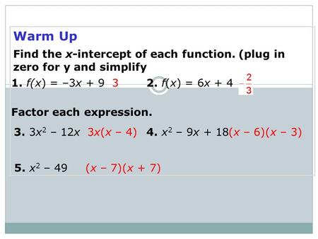 Warm Up Find the x-intercept of each function. (plug in zero for y and simplify 1. f(x) = –3x + 92. f(x) = 6x + 4 Factor each expression. 3. 3x 2 – 12x4.