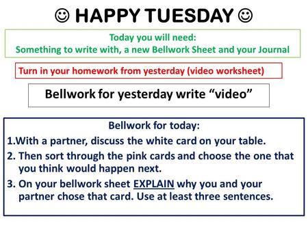 HAPPY TUESDAY Bellwork for yesterday write “video” Today you will need: Something to write with, a new Bellwork Sheet and your Journal Turn in your homework.