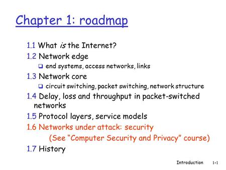 Introduction1-1 Chapter 1: roadmap 1.1 What is the Internet? 1.2 Network edge  end systems, access networks, links 1.3 Network core  circuit switching,