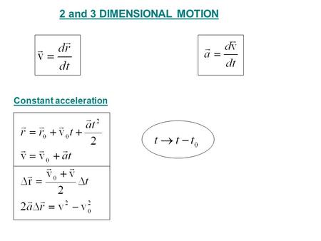 2 and 3 DIMENSIONAL MOTION Constant acceleration.