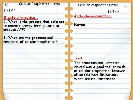 11/3/14 Starter/ Practice : 1. What is the process that cells use to extract energy from glucose to produce ATP? 2. What are the products and reactants.