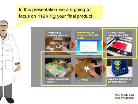 Transferring the design to CAD – 2D Design Cutting out the design using CAM Folding using a strip heater….. ….. and jig Applying graphics to the final.