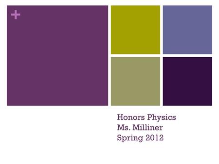 + Honors Physics Ms. Milliner Spring 2012. + Student Survey Enter the classroom Grab a survey from table where you walk in & a post-it note (Ms. Milliner.