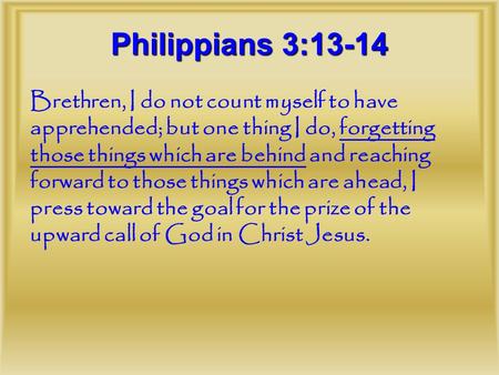 Brethren, I do not count myself to have apprehended; but one thing I do, forgetting those things which are behind and reaching forward to those things.