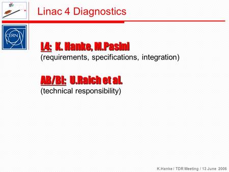 K.Hanke / TDR Meeting / 13 June 2006 Linac 4 Diagnostics L4: K. Hanke, M.Pasini (requirements, specifications, integration) AB/BI: U.Raich et al. (technical.