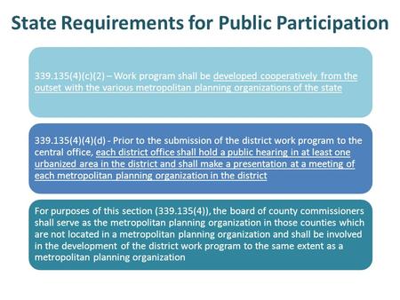 State Requirements for Public Participation 339.135(4)(c)(2) – Work program shall be developed cooperatively from the outset with the various metropolitan.