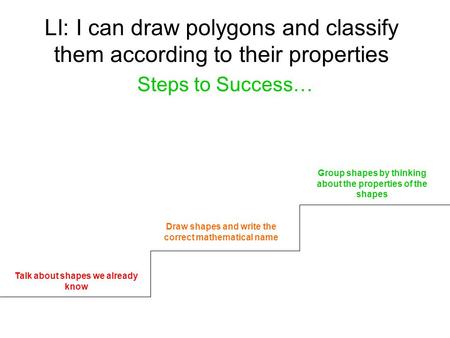 LI: I can draw polygons and classify them according to their properties Steps to Success… Talk about shapes we already know Draw shapes and write the correct.