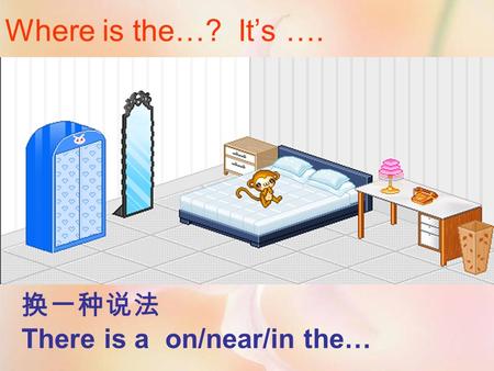 Where is the…? It’s …. 换一种说法 There is a on/near/in the…