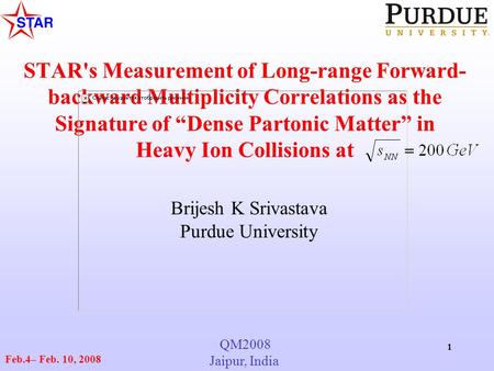 QM2008 Jaipur, India Feb.4– Feb. 10, 2008 1 STAR's Measurement of Long-range Forward- backward Multiplicity Correlations as the Signature of “Dense Partonic.