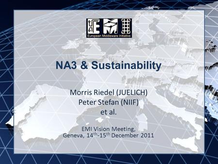 EMI INFSO-RI-261611 NA3 & Sustainability Morris Riedel (JUELICH) Peter Stefan (NIIF) et al. EMI Vision Meeting, Geneva, 14 th -15 th December 2011.