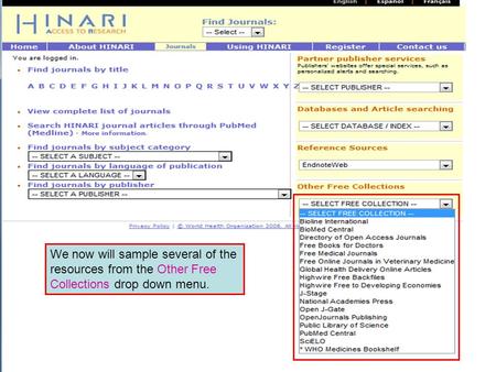 We now will sample several of the resources from the Other Free Collections drop down menu.