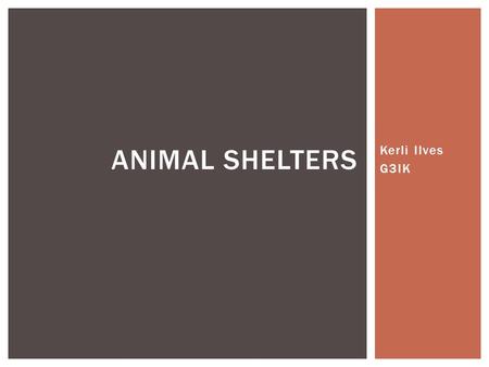 Kerli Ilves G3IK ANIMAL SHELTERS.  Animal shelters provide care and treatment to animals needing protection, attempt to find homes for homeless animals.