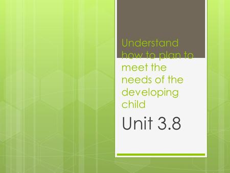 Understand how to plan to meet the needs of the developing child