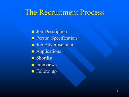 1 The Recruitment Process Job Description Job Description Person Specification Person Specification Job Advertisement Job Advertisement Applications Applications.