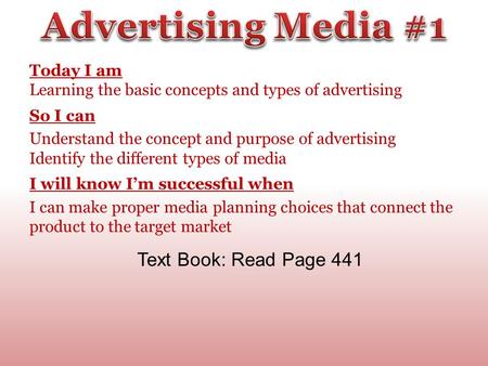 Today I am Learning the basic concepts and types of advertising So I can Understand the concept and purpose of advertising Identify the different types.