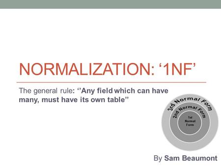 NORMALIZATION: ‘1NF’ The general rule: ‘’Any field which can have many, must have its own table’’ By Sam Beaumont.