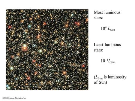 © 2010 Pearson Education, Inc. Most luminous stars: 10 6 L Sun Least luminous stars: 10 –4 L Sun (L Sun is luminosity of Sun)