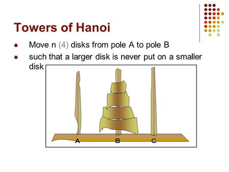 Towers of Hanoi Move n (4) disks from pole A to pole B such that a larger disk is never put on a smaller disk A BC ABC.