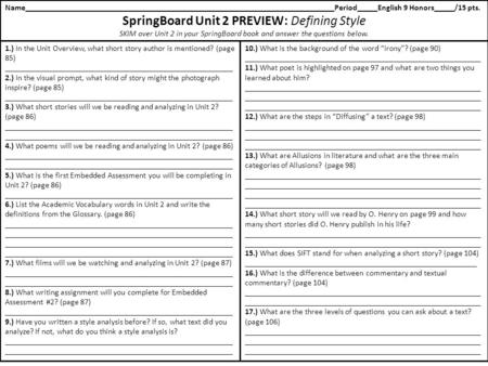 Name____________________________________________________________________________Period_____English 9 Honors_____/15 pts. SpringBoard Unit 2 PREVIEW: Defining.