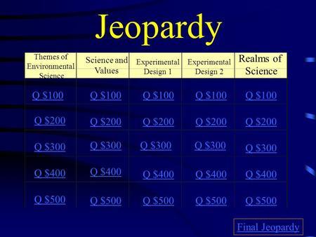 Jeopardy Themes of Environmental Science Science and Values Experimental Design 1 Experimental Design 2 Realms of Science Q $100 Q $200 Q $300 Q $400.