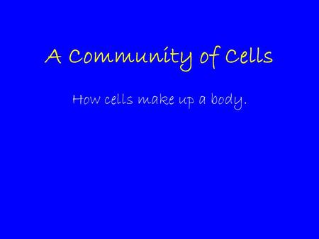 A Community of Cells How cells make up a body.. Cell Organization Cells are organized into systems that, together, perform functions that keep the organs.