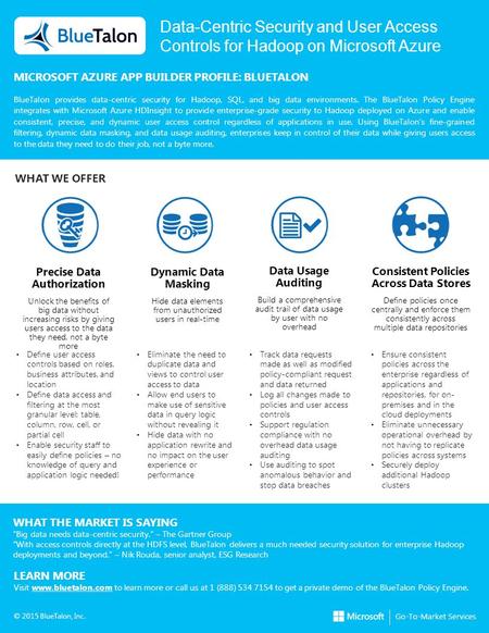 Data-Centric Security and User Access Controls for Hadoop on Microsoft Azure MICROSOFT AZURE APP BUILDER PROFILE: BLUETALON BlueTalon provides data-centric.