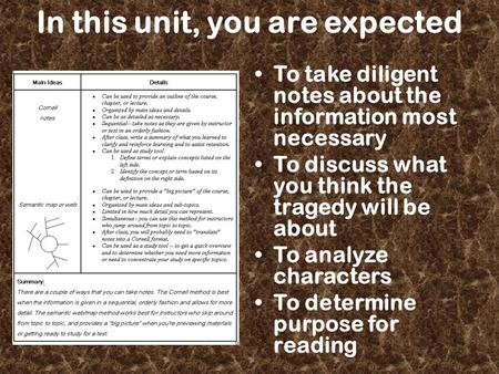 In this unit, you are expected To take diligent notes about the information most necessary To discuss what you think the tragedy will be about To analyze.