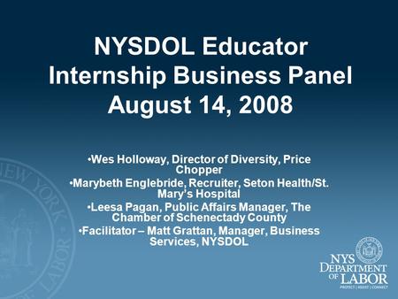 NYSDOL Educator Internship Business Panel August 14, 2008 Wes Holloway, Director of Diversity, Price Chopper Marybeth Englebride, Recruiter, Seton Health/St.