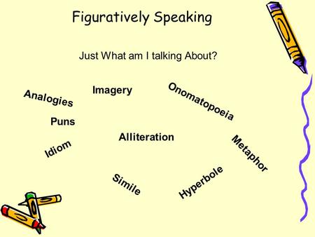 Figuratively Speaking Just What am I talking About? Idiom Onomatopoeia Simile Metaphor Hyperbole Puns Analogies Imagery Alliteration.