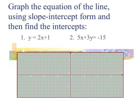 Graph the equation of the line, using slope-intercept form and then find the intercepts: 1. y = 2x+1 2. 5x+3y= -15.