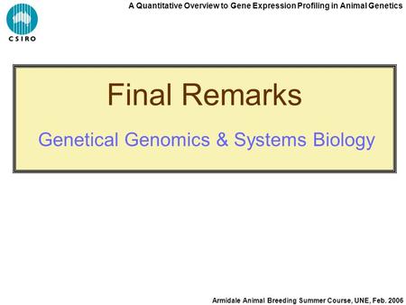 A Quantitative Overview to Gene Expression Profiling in Animal Genetics Armidale Animal Breeding Summer Course, UNE, Feb. 2006 Final Remarks Genetical.