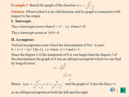 1 Example 3 Sketch the graph of the function Solution Observe that h is an odd function, and its graph is symmetric with respect to the origin. I. Intercepts.