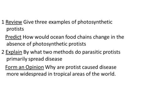 1 Review Give three examples of photosynthetic protists Predict How would ocean food chains change in the absence of photosynthetic protists 2 Explain.