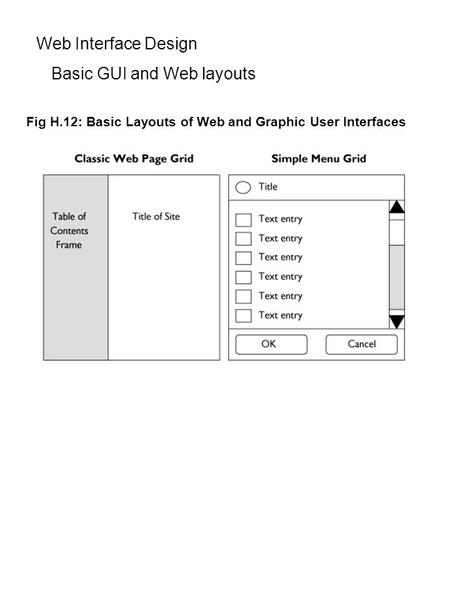 Web Interface Design Basic GUI and Web layouts Fig H.12: Basic Layouts of Web and Graphic User Interfaces.