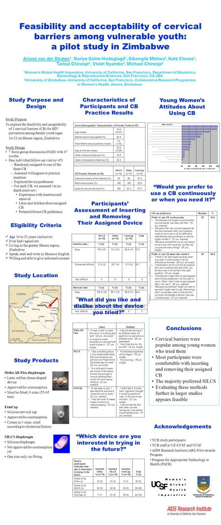 Conclusions Feasibility and acceptability of cervical barriers among vulnerable youth: a pilot study in Zimbabwe Ariane van der Straten 1, Nuriye Sahin-Hodoglugil.