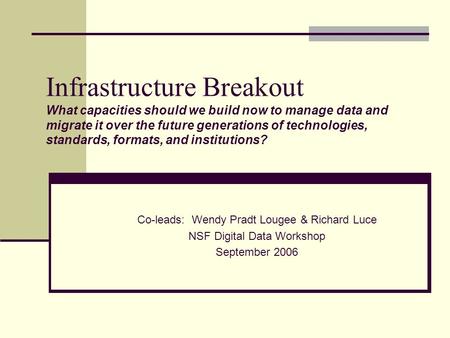 Infrastructure Breakout What capacities should we build now to manage data and migrate it over the future generations of technologies, standards, formats,