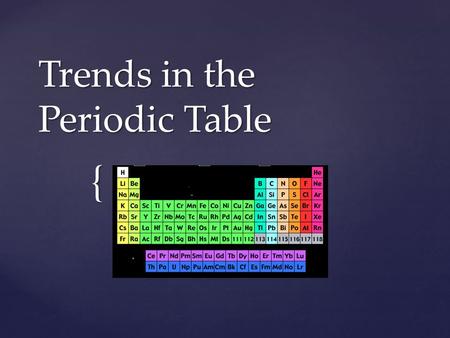 { Trends in the Periodic Table.  COLUMNS in the periodic table  Also called “Families”  Similar characteristics Groups.