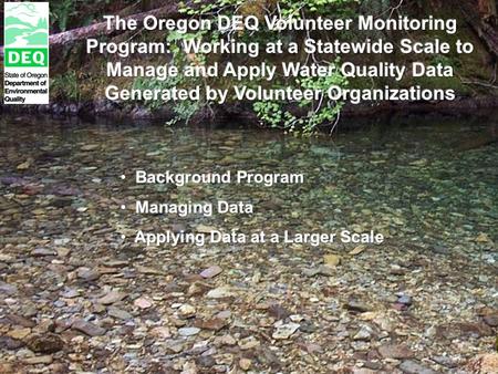 Born from the Governor’s efforts to engage all stakeholders to solve problems Designed to provide technical support to local organizations ODEQ Program.