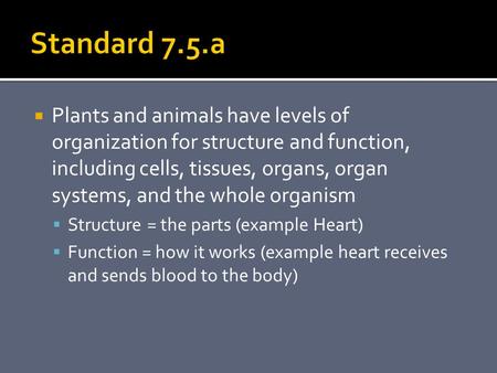  Plants and animals have levels of organization for structure and function, including cells, tissues, organs, organ systems, and the whole organism 