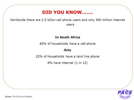 DID YOU KNOW……. Worldwide there are 2.5 billon cell phone users and only 900 million internet users In South Africa 60% of households have a cell phone.